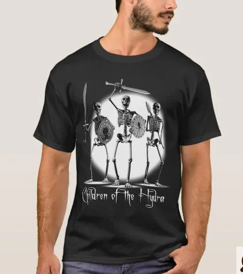 

Children of The Hydra. Evil Carrying Swords & Shields Skeleton Warriors T-Shirt. Summer Cotton O-Neck Short Sleeve Mens T Shirt