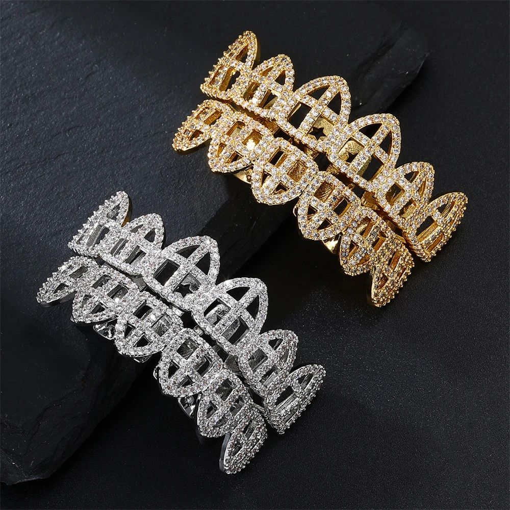 Bling Oco Cruz Grelhas de Dentes para Unisex, Iced Out CZ Pedras, Charme Pavimentado, Hip Hop Jóias Presente, Novo, D & Z