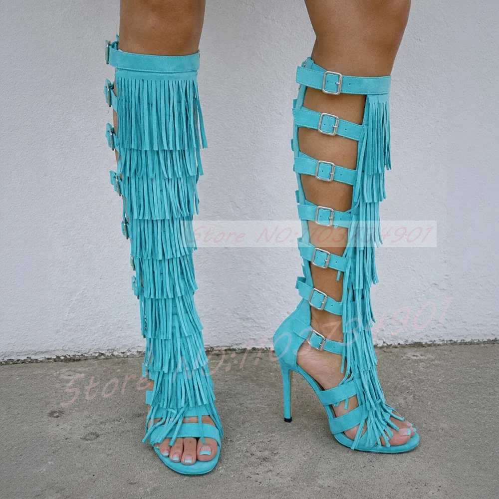 Suede Fringe Knee High Gladiator Sandals Women Turquoise Multi Buckle Cut-Out Open Toe High Heel Sandals Party Festival Footwear