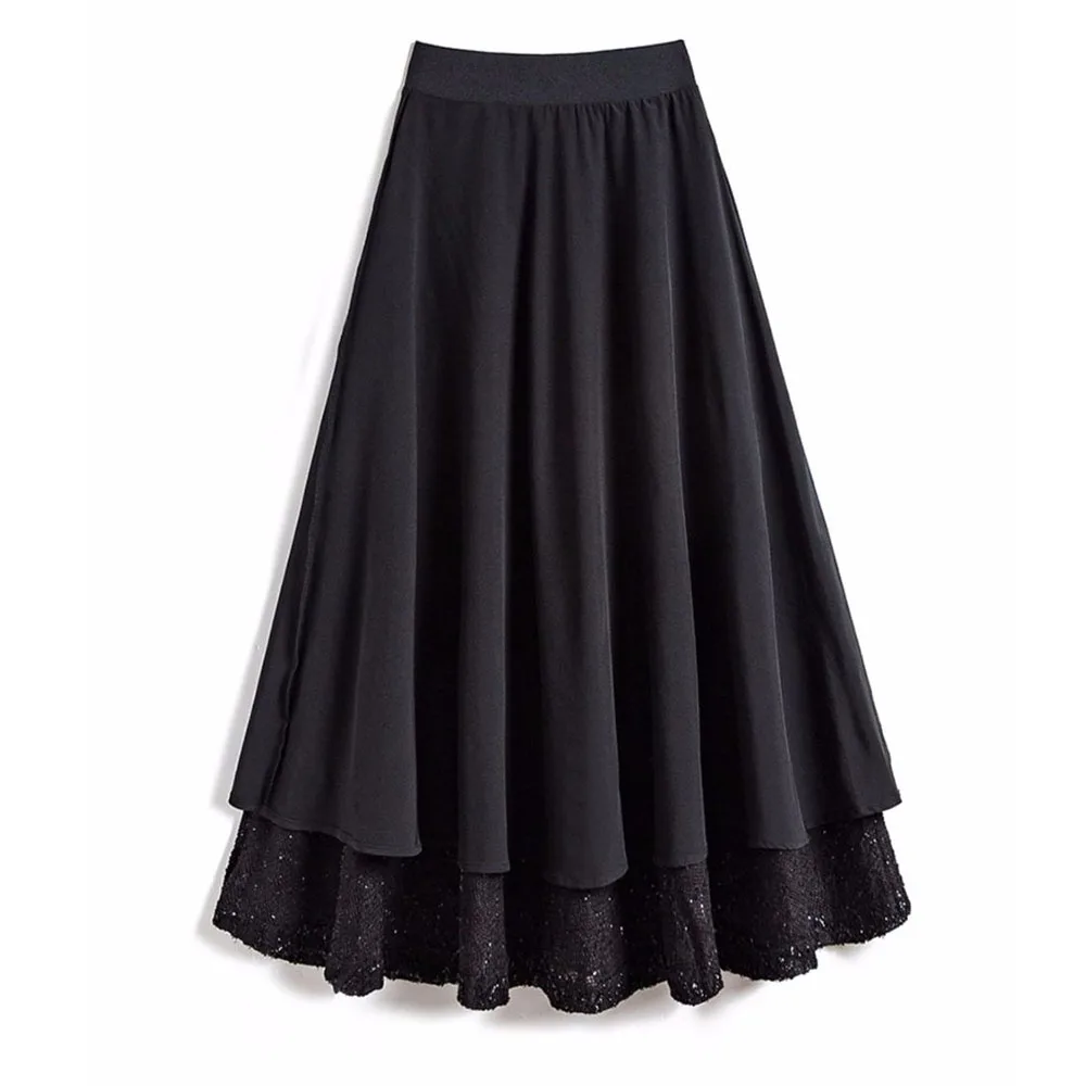 Women Black Skirts Autumn Winter Mid-long Elastic High Waist Tweed Skirts Ladies Thicken Fashion A-Line Bright Silk Skirts