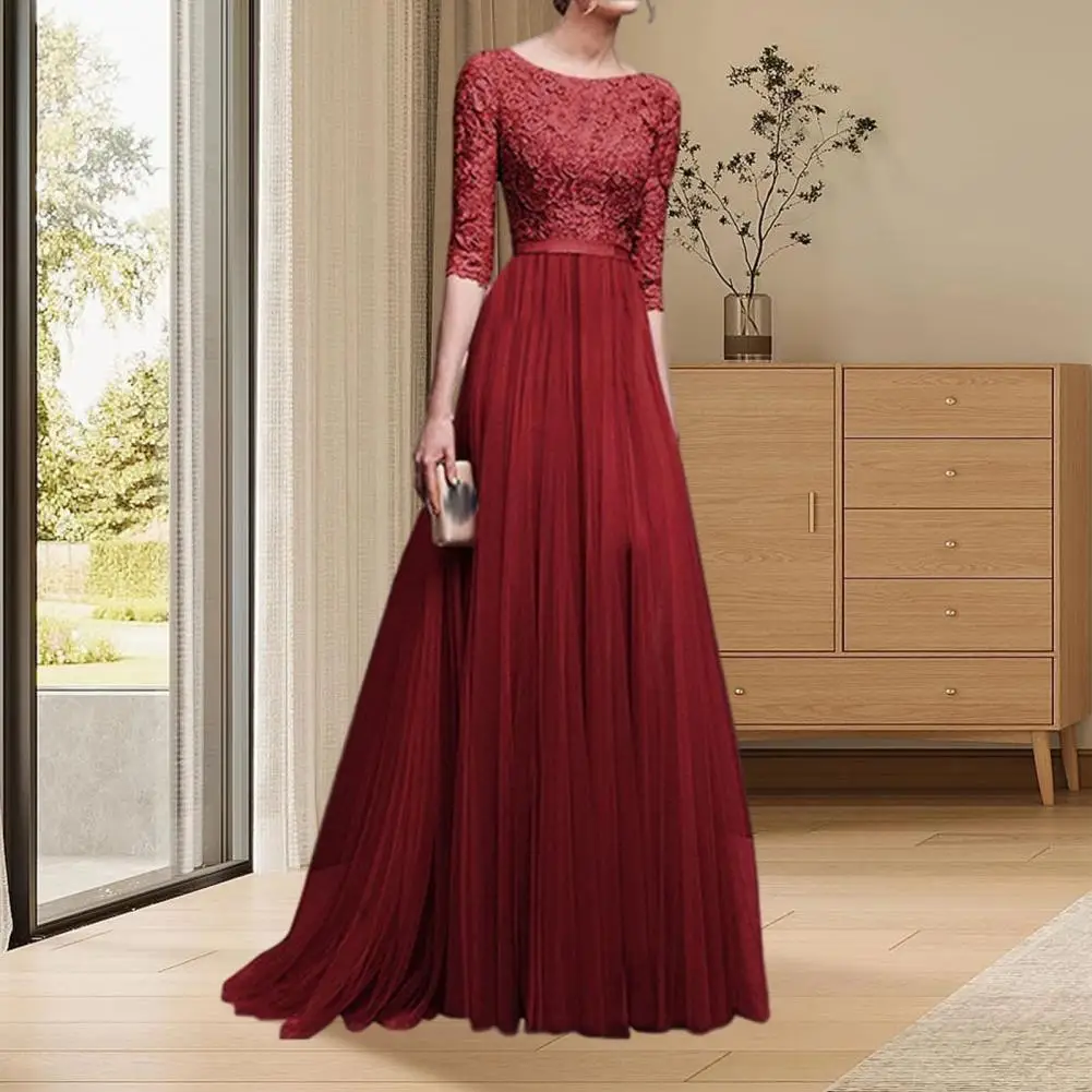 Winter Evening Gown Elegant Women Long Dress Elegant Lace Flower Embroidery Maxi Evening Dress for Women Round Neck Half Sleeve