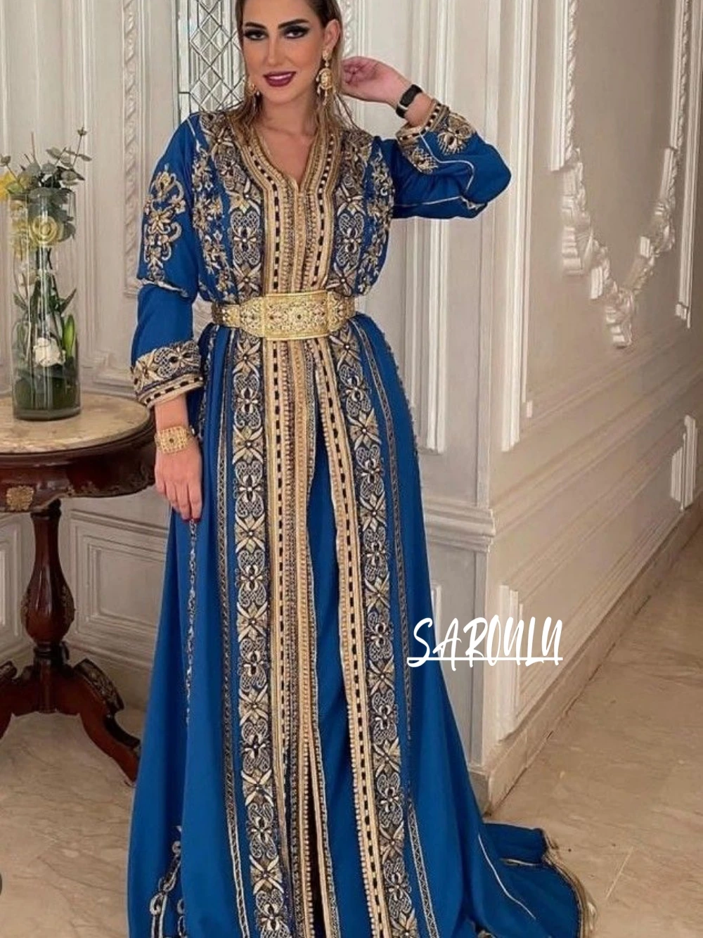 Exquisite V-neck Evening Dresses Moroccan Long Sleeve A-line Customized Caftan Appliques Floor-length Prom Gown Robe De Mariée