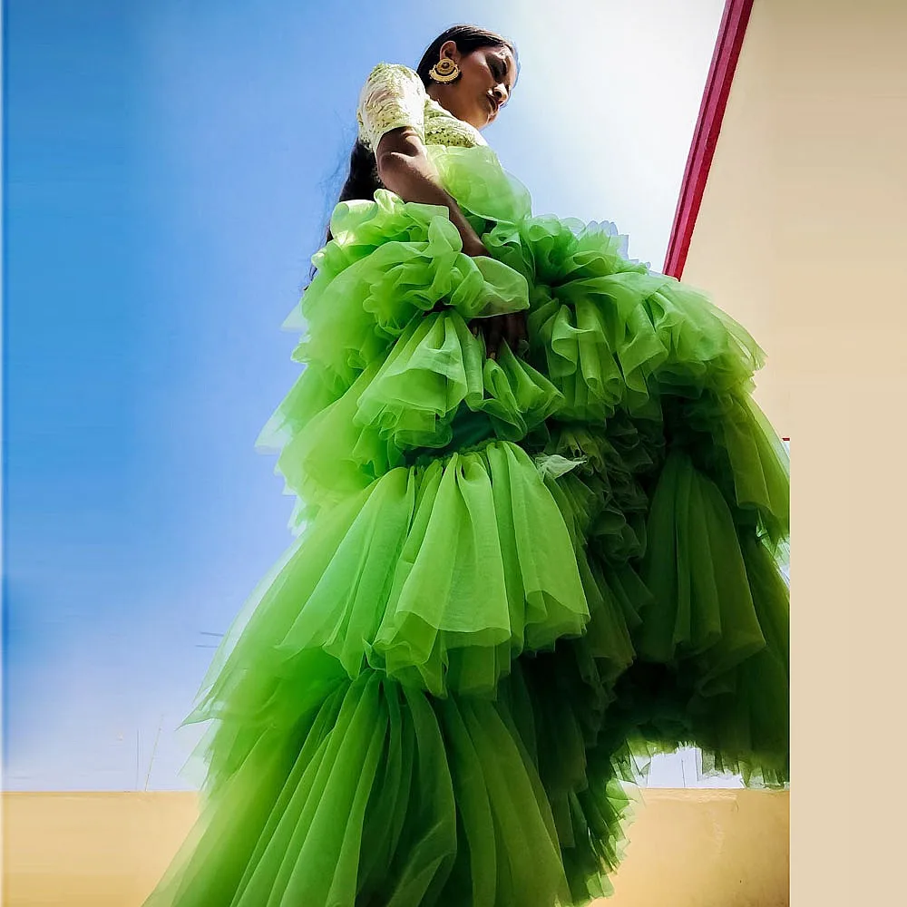 Green High Low Tutu Tulle  Birthdsy Skirt Puffy Tiered Mesh Party Maxi Skirt Customized Birthday Holiday Skirts Saia