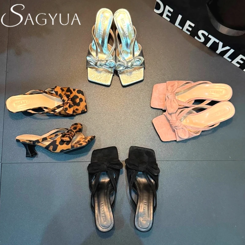 

Bow Women's Slippers High Heels Leopard Sandals Square Toe Shoes Woman Summer 2025 Fashion Open Toe Dress Pumps Sandalias Mujer