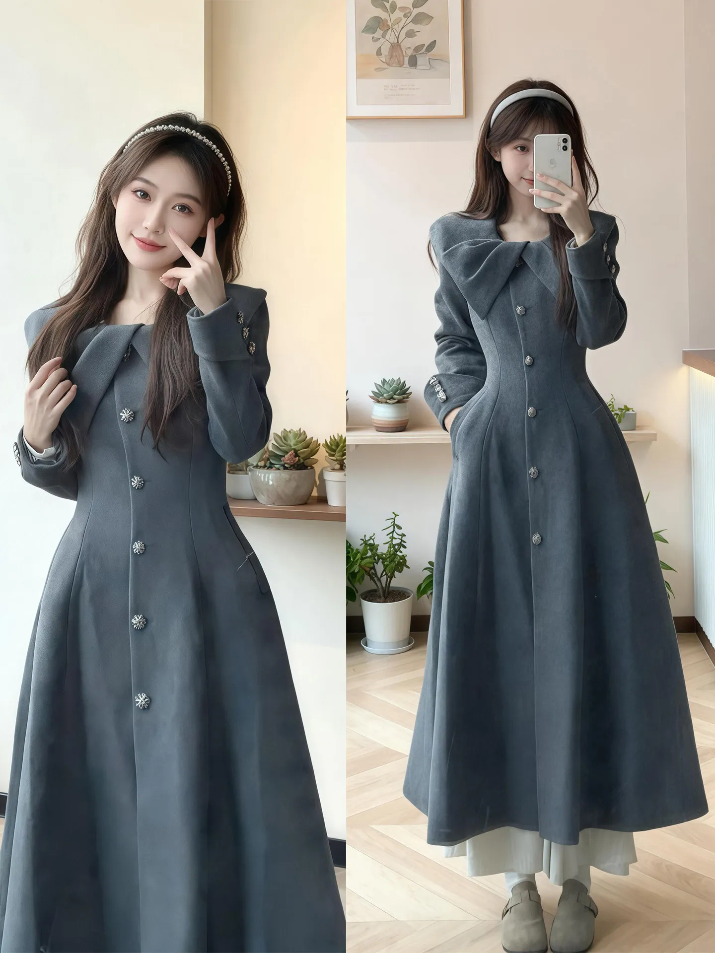 

Korean Sle plus Size Women's Woolen Coat High Waist Design Autumn Winter Thiened Casual Faion Button Detail Outerwear