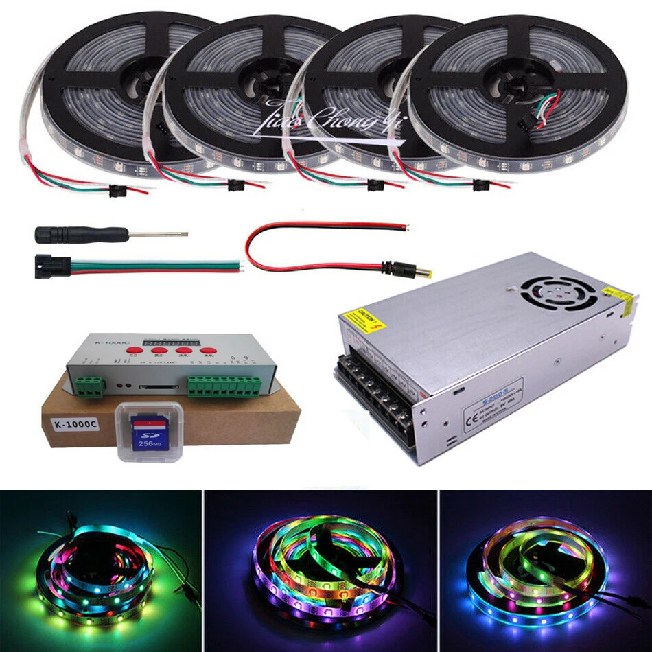 

WS2812B 30LED/M Individually Addressable WS2812 Smart RGB Led Strip+ K1000C Programmable Pixel LED Controller+5v led power Kit