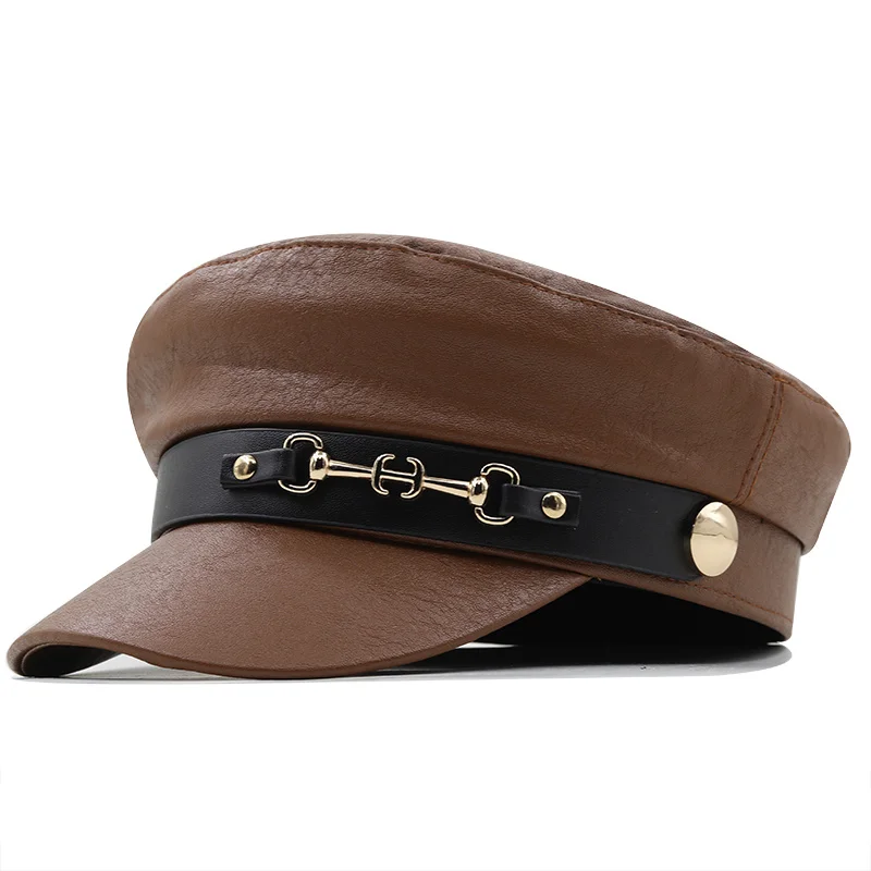 Brand Hat Girl Military Caps Black Leather Studentsr Hats Flat Female Adjustable Autumn Winter Captain Cap Women