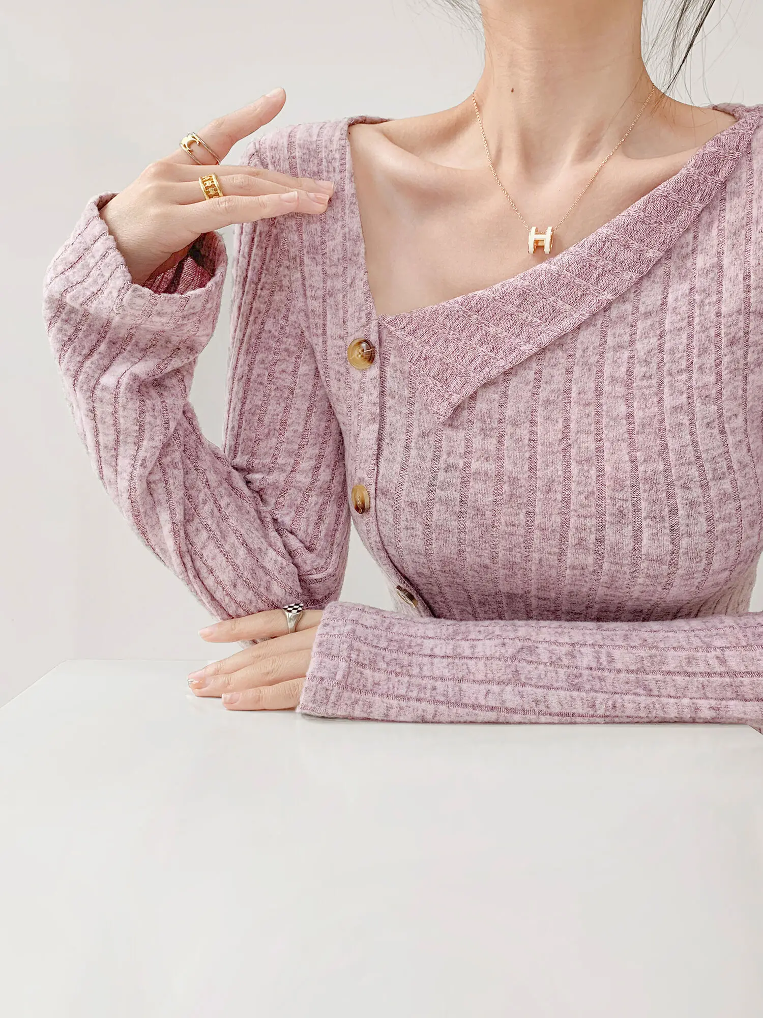 كنزة صوفية محبوكة بأكمام طويلة للفتيات ، تصميم برقبة ضيقة للنساء ، زر قصير غير منتظم ، جديد ، خريف ، F060