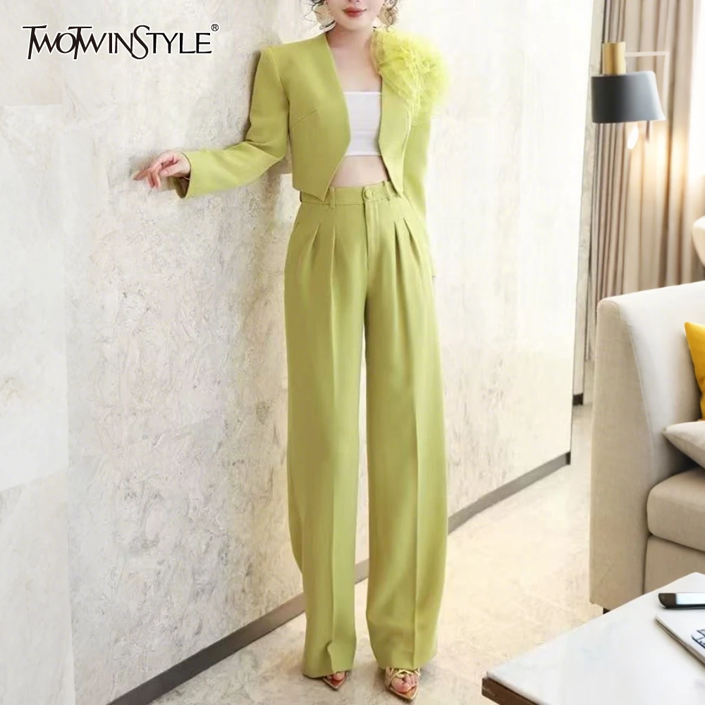 

TWOTWINSTYLE Solid Spliced 3D Mesh Flower Two Piece Set Female V Neck Long Sleeve Jacket Basics Women's Long Pants Set Summer