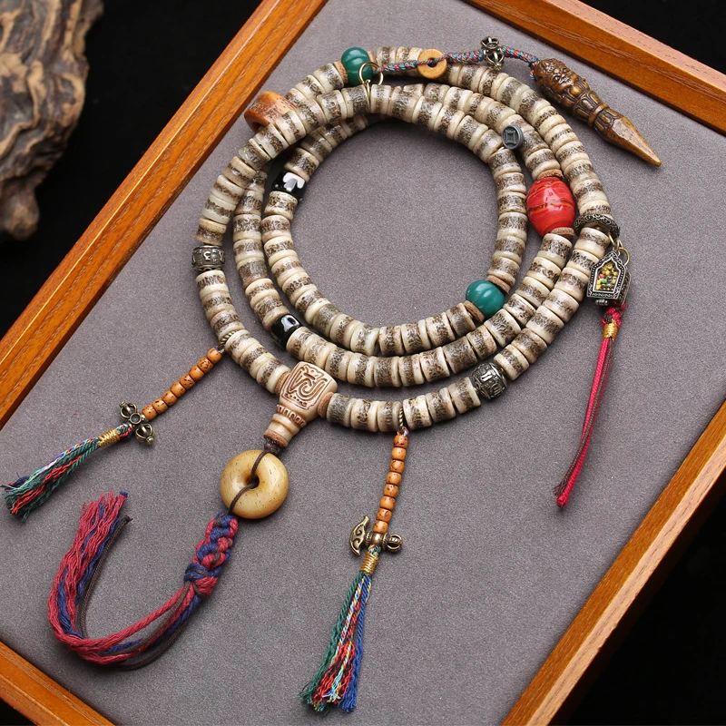 Tibetan-Style Vintage , 108 Buddhist Beads, Three-Way Connector, Side-Hanging Gahu Box, Yak Bone Acc