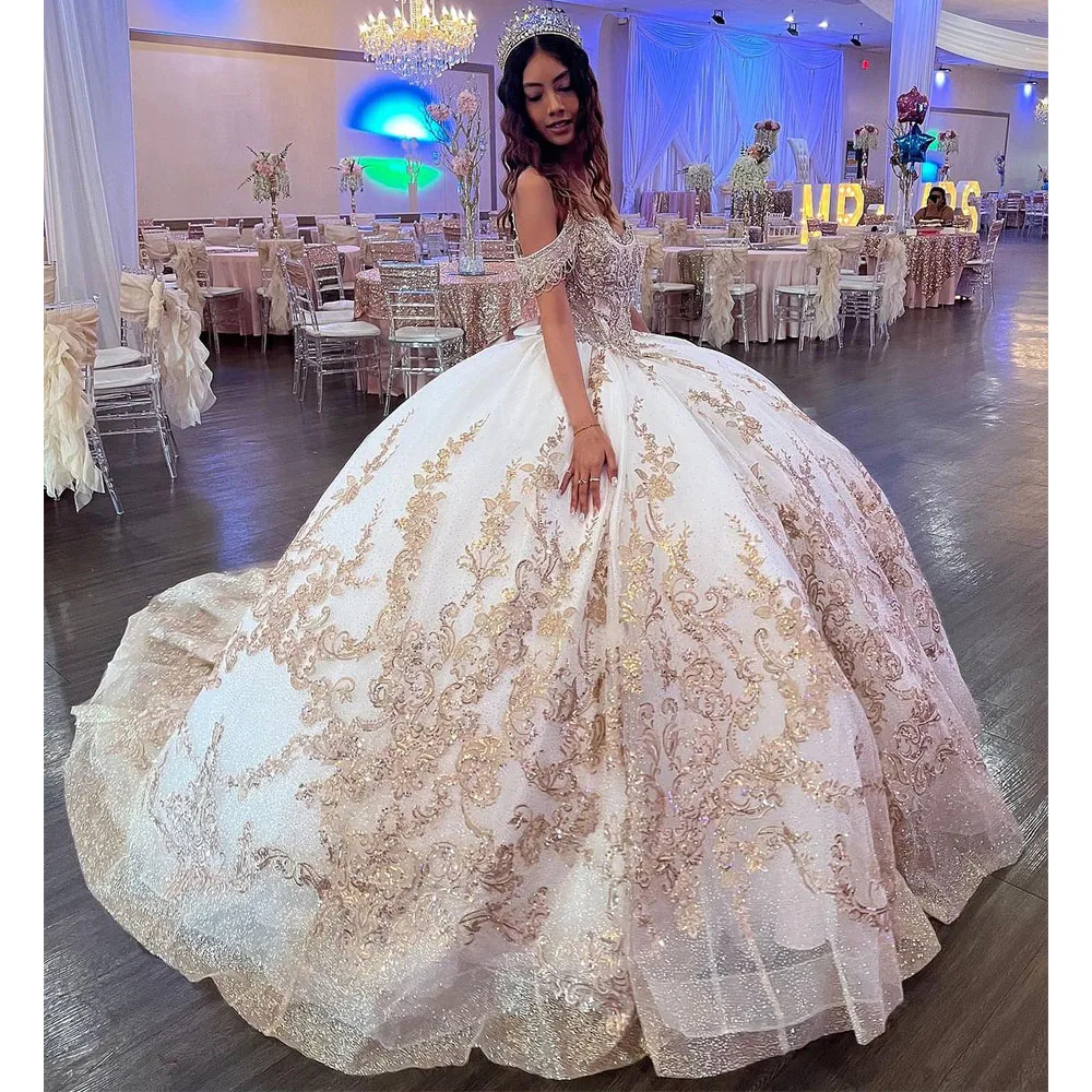 

Shiny Quinceanera Dress Off Shoulder Applique Flower Beads Tull Vestidos 15 De XV Años XV Brithday Sweet 16 Dress