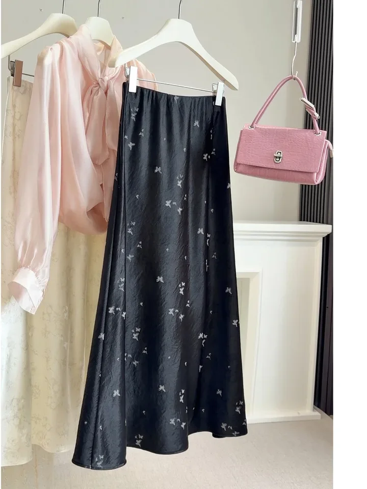 New In 2026 Spring Summer Women's Satin Skirt High-waisted Slimming A-line Jacquard Drapey Fishtail Skirt