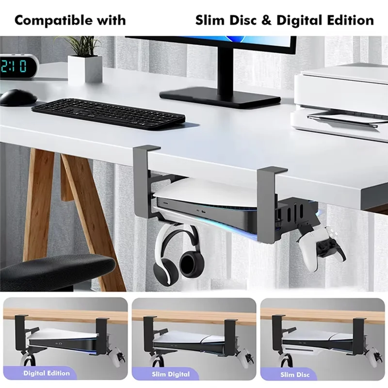 

VO-Under Table Hanging Holder For PS5/For PS5 Slim Game Console Stander Bracket Earphone Gamepad Desktop Game Controller