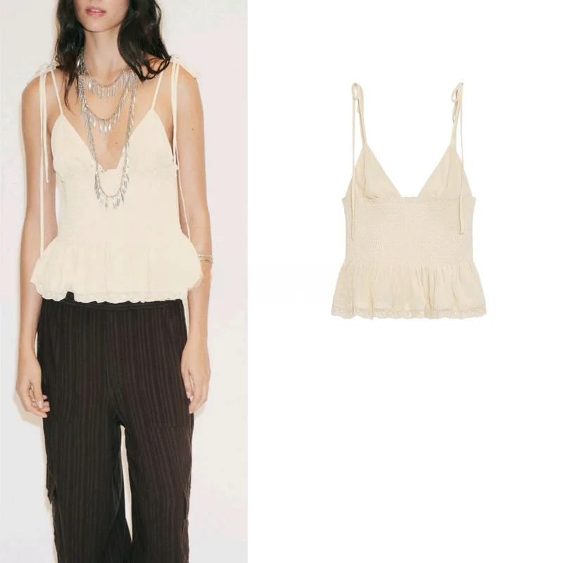 Canotta Bal decorata con nodo Faion da donna nuova estate Top francese Sle Slim Fit in fibra di poliestere V-ne Svel