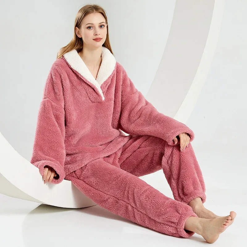 

Women's Winter Coral Fleece Pajamas Set Thickened Loose Fit Lounge wear Lapel Plus Size 2 Pieces Antistatic Temperature lock