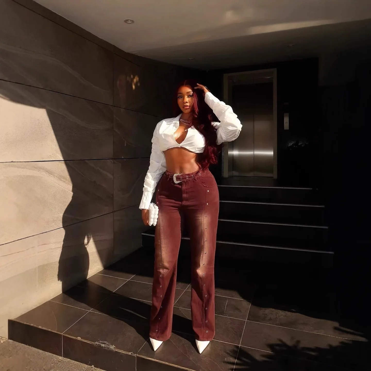 Ladies Retro Red Jeans Fashion Casual Loose Straight Mid-Waist Non-Stretch Front Buckle Denim Pants