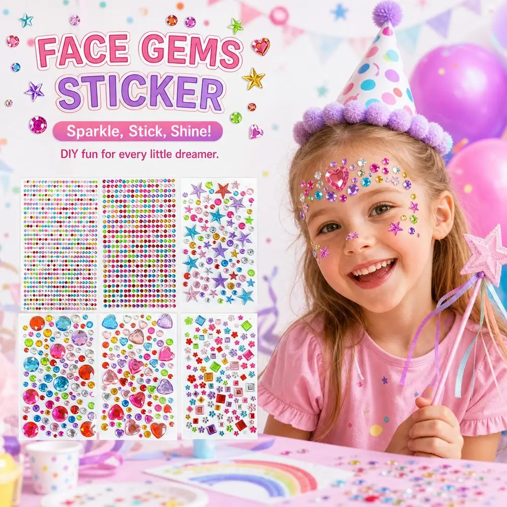 1cm Self Adhesive Rhinestone Face Stickers 3D Acrylic Gem Stickers Hold Body Jewels Crystal Decals for Girls Birthday Party