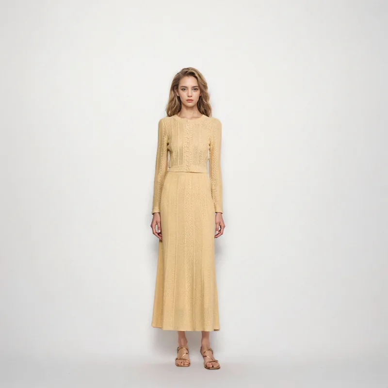 

Elegant Lady Round Neck Long Sleeved Single Breasted Hollow Knit Sweater Long Half Skirt Fashionable Women's Set