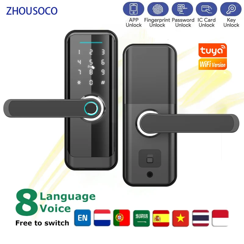 

Tuya Wifi Electronic Door Lock Biometric Fingerprint Lock APP Remote Unlocking Digital Password Card Keyless Entry Smart Lock