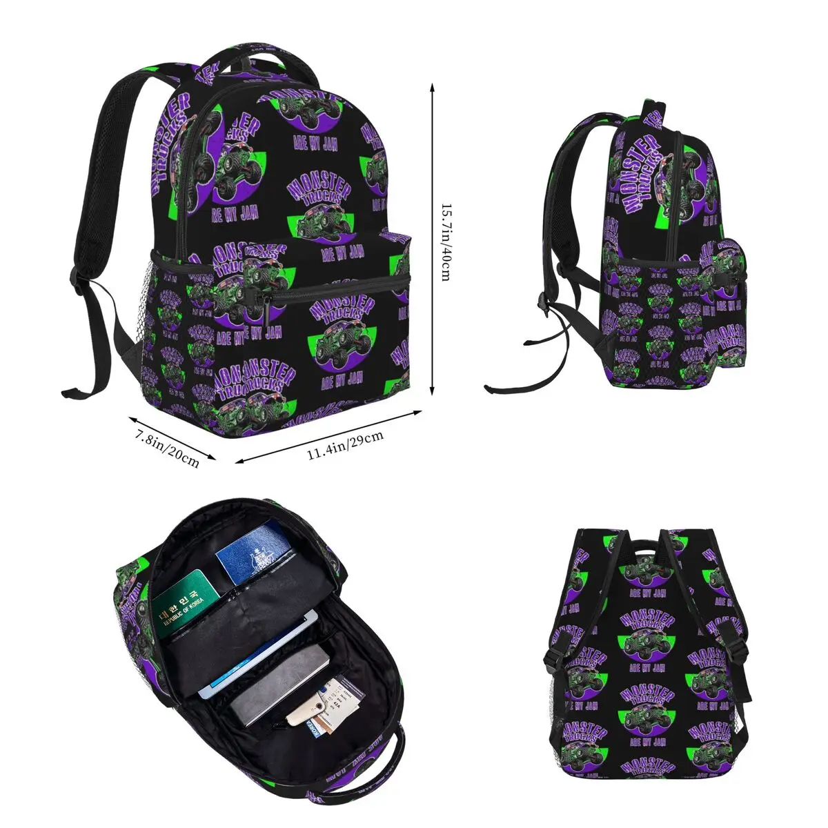 Monster Truck Are My Jam Grave Digger Vintage Art Backpacks Boys Bookbag Cartoon Kids Rucksack Lunch Bag Pen Bag Three-Piece Set