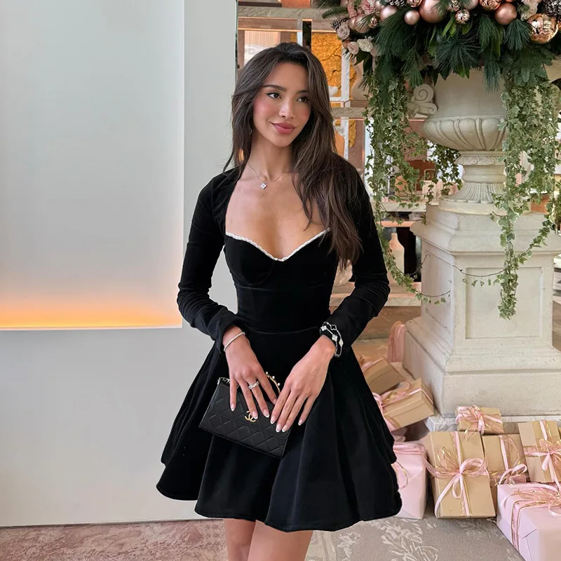 Elegant Velvet Lace Pleated Women Prom Dress Square Collar Waisted Bandage Skirt Newest Black Long Sleeve Party Gown In Stock