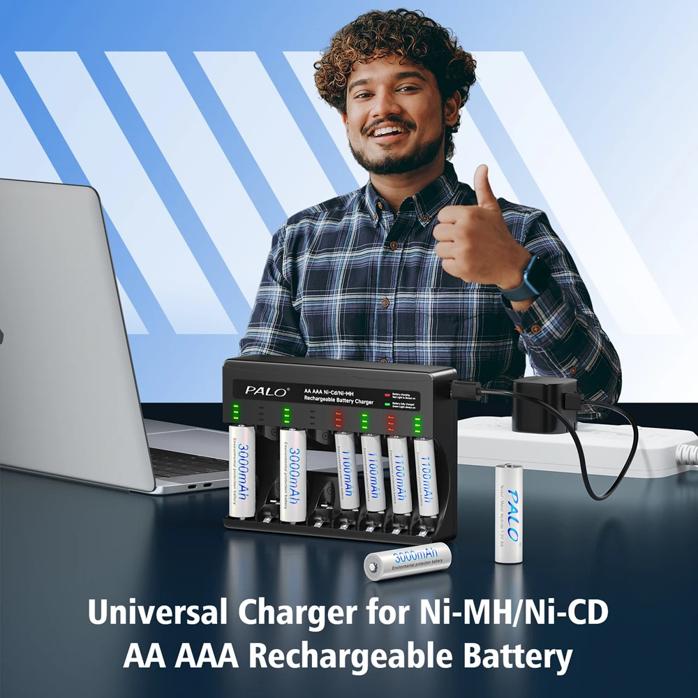 PALO 1.2V AA Rechargeable Battery 3000mAh Ni-MH AA Batteries with 8 Slots Fast Smart Charger for 1.2V AA AAA Ni-MH Ni-Cd battery