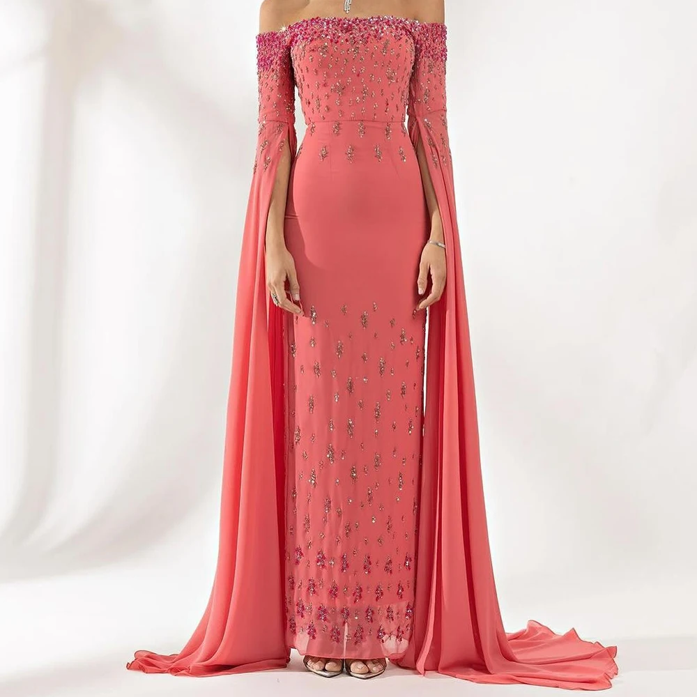 

CustomizedCrystal Sequined Straight Floor length Strapless Off the shoulder Chiffon Long Sleeves Exquisite and Temperament Eveni