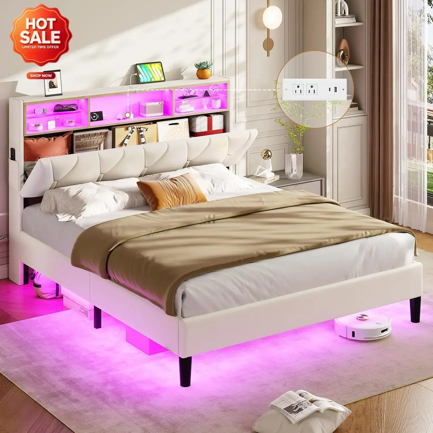 Full Size Bed Frame with Led Lights & Storage Headboard, White | LED Bed Frame with Charging Station, Velvet Upholstered Platfor
