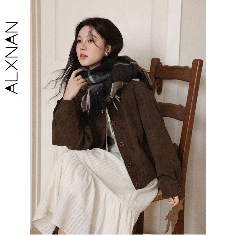 

ALXNAN Women's Coats Brown Turn-down Collar Button Front Autumn Jackets Loose-fit Casual Versatile Commuting Outerwears L58016