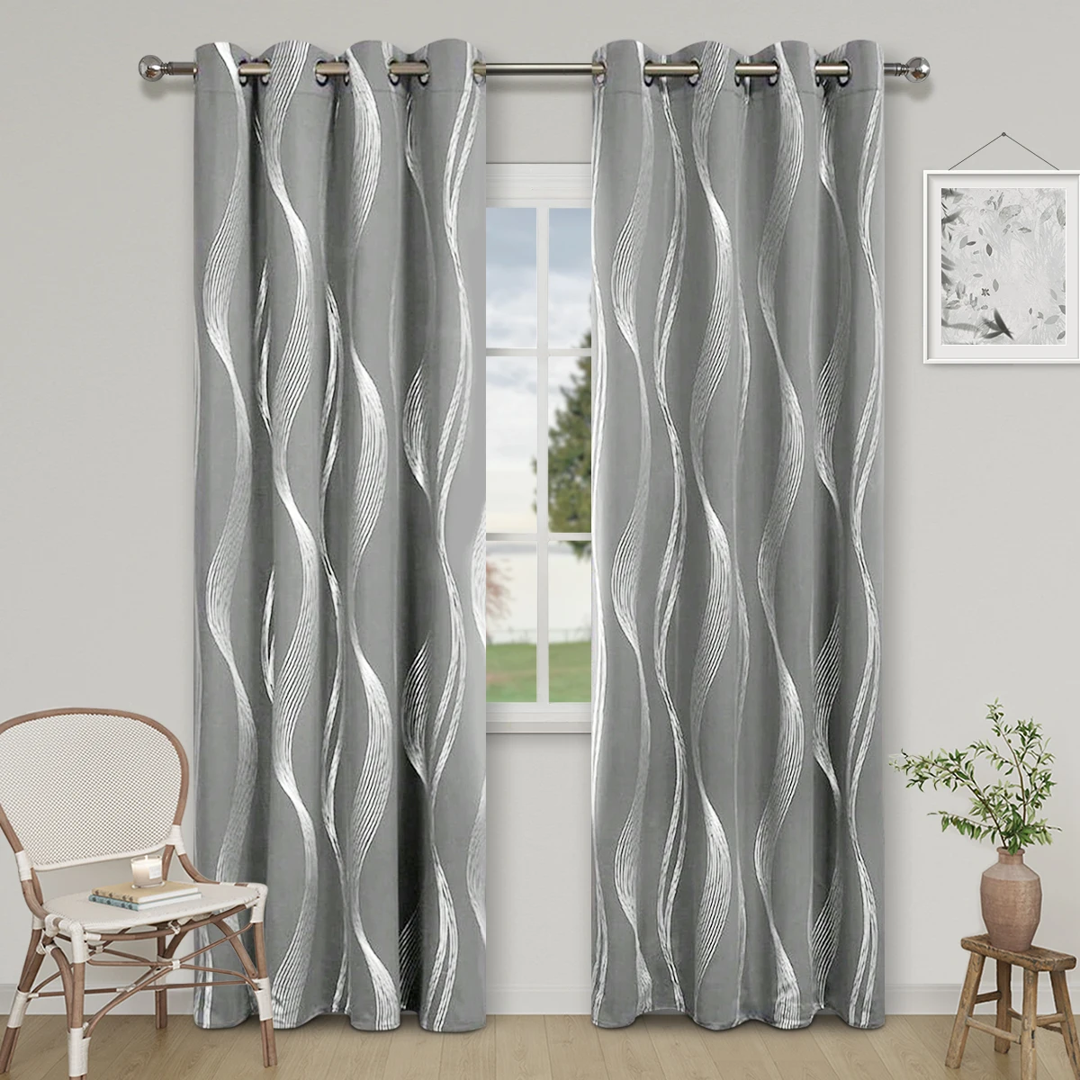 1pc High Precision Silver Embossed Wave Pattern Blackout Curtains for Blocking Light and Keeping Heat, Perfect for All Rooms