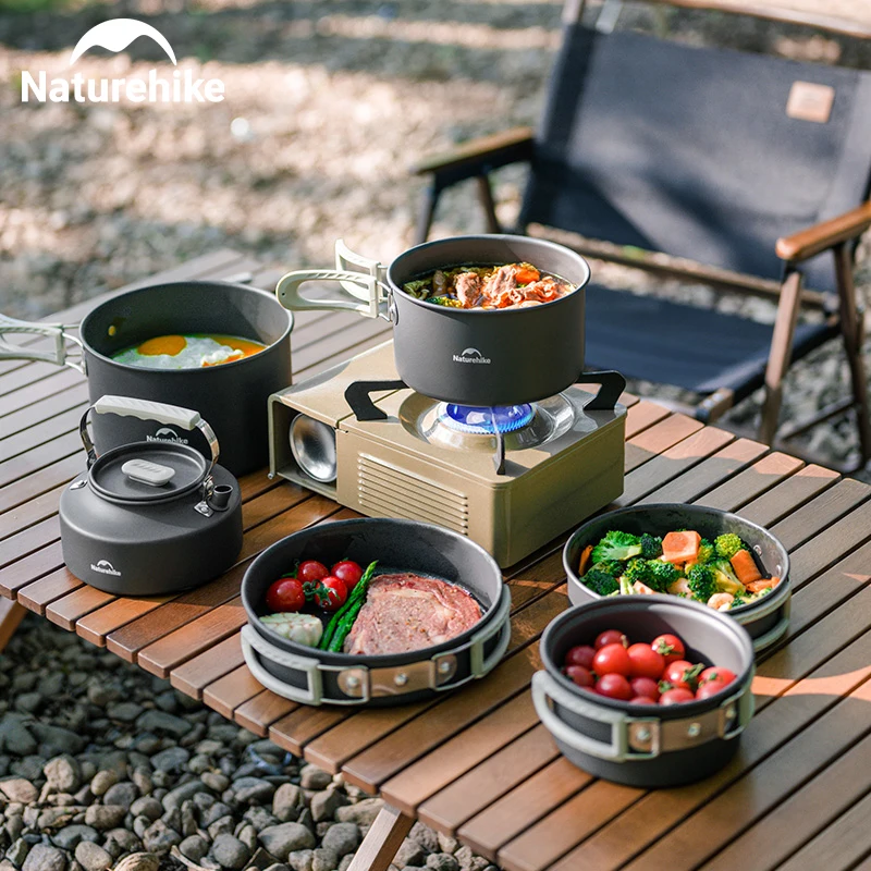 Naturehike Camping Pot Set 4-7 Persons Aluminum Alloy Cookware Pot Set Portable Outdoor Picnic Tableware Camping Cookware Kit 6