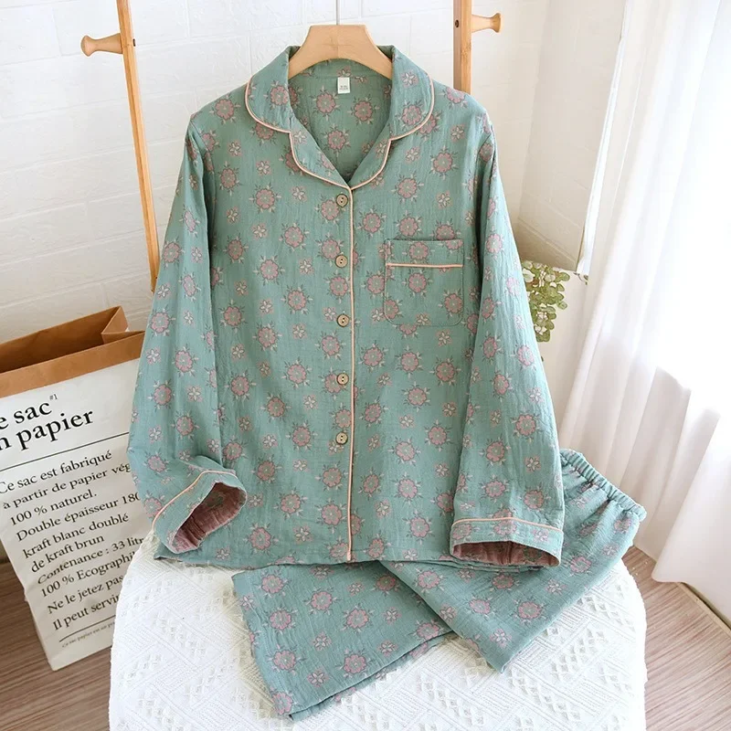 Cotton Yarn-dyed Jacquard Spring and Autumn Women's Long Sleeved Long Pants Fashion Style Home Clothing Sleepwear Women Pajamas