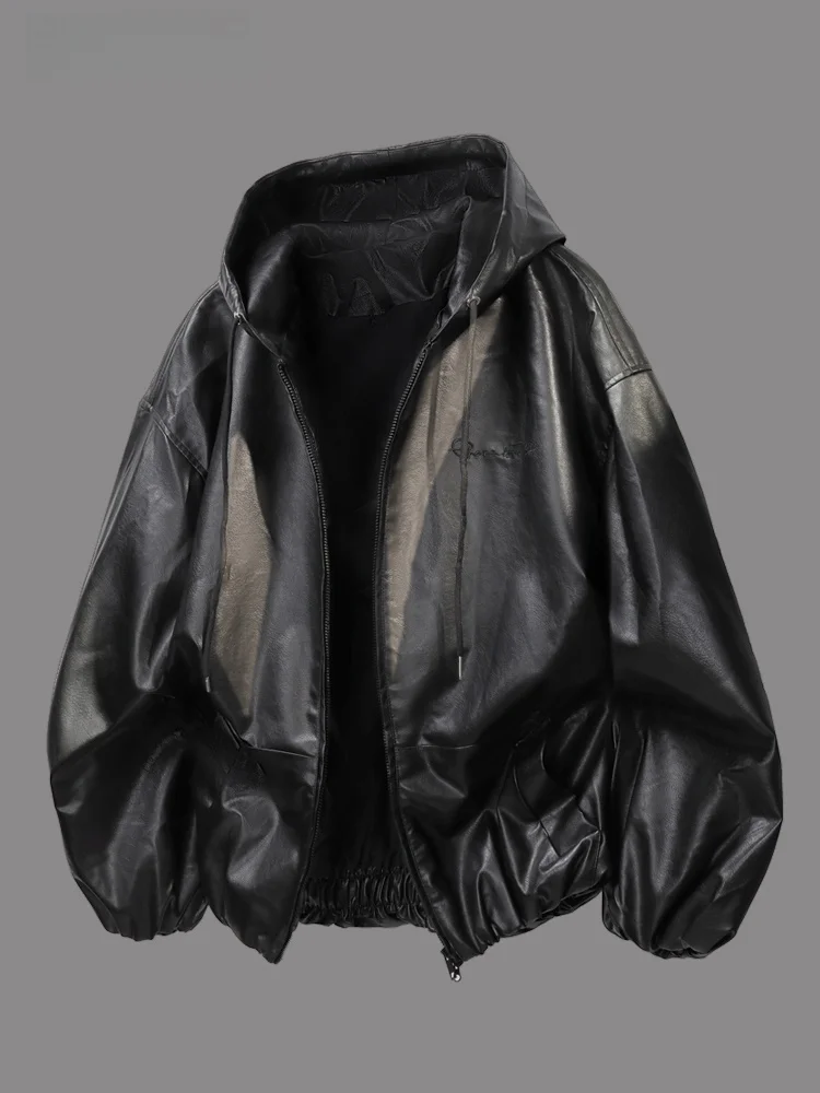 

High-End Men's Streetwear Biker Leather Jaet PU Leather Hooded Coat Vintage Silhouette Autumn Winter Warm Casual Faion