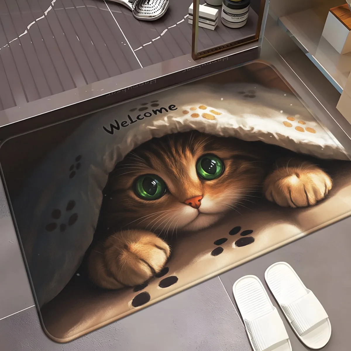 VIKAMA Cute Cat Welcome Doormat Thickened Anti-Slip Entrance Hall Doormat Bathroom Foot Mat Adorable Kitten Home Decor