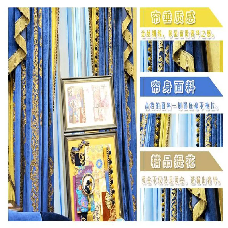 Imagem -04 - Cortinas de Luxo para Sala Persianas Blue Shades Grossa as Cortinas King Porta Cortinas para o Quarto Window Curtain Designs