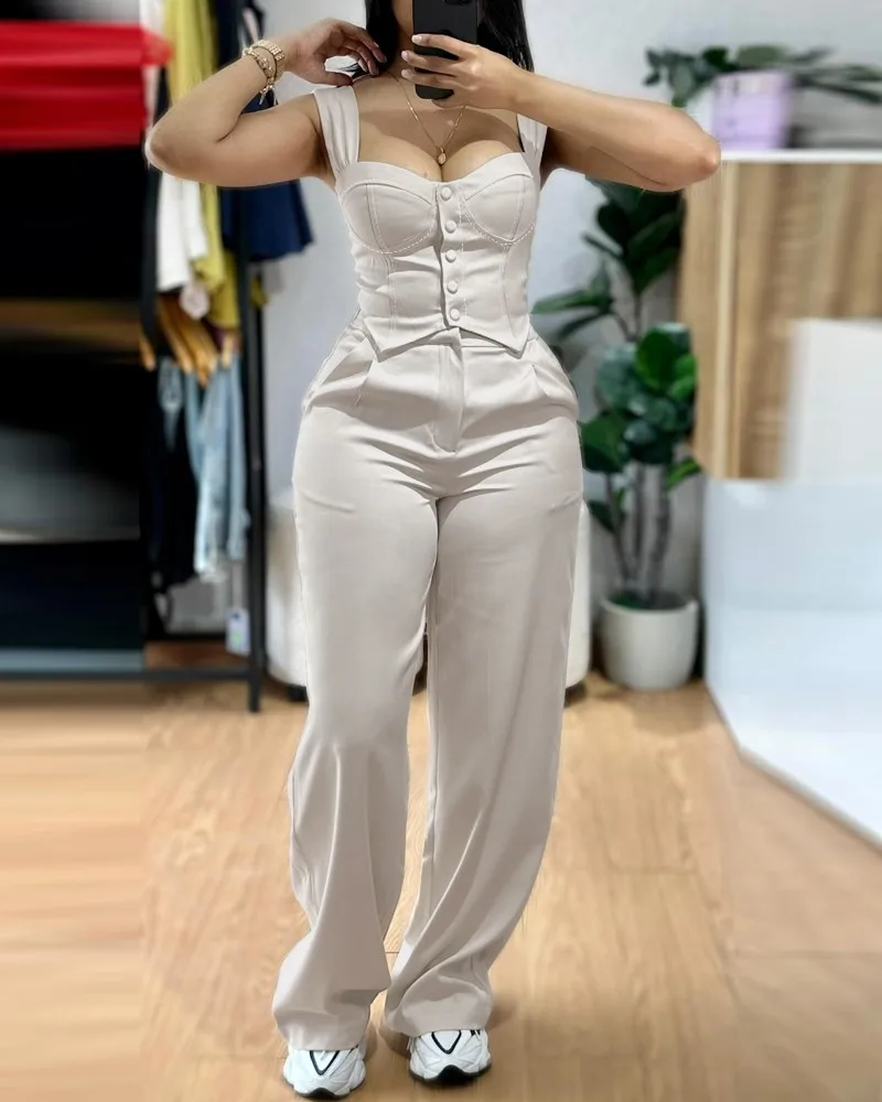 Elegantes 2-teiliges Damen-Tanktop mit dickem Riemen und Knopfleiste vorne, schmale Passform und hohe Taille, weite Beinhose, lässiges Outfit-Set