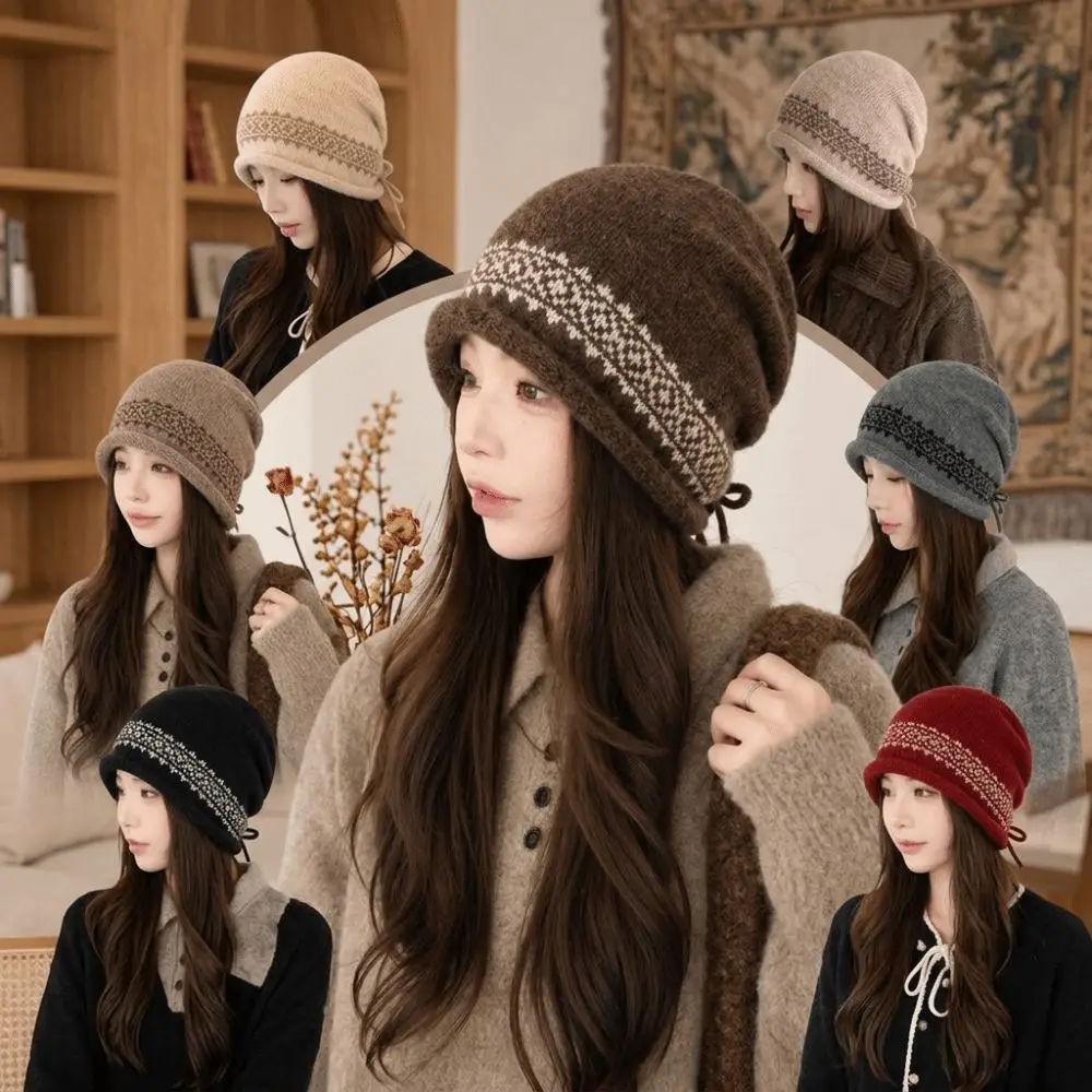 Vintage Women's Beanie Slouchy Fit Jacquard Pattern Jacquard Knit Hat Warm Large Head Circumference Slouchy Beanie Outdoor