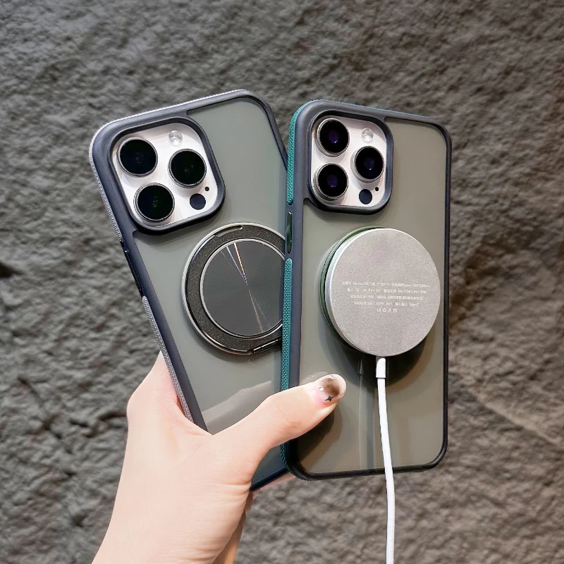 

For Magsafe Magnetic Wireless Charging 360 Rotating Bracket Phone Case For iPhone 16 Pro Max 14 13 15 Pro Max Translucent Cover