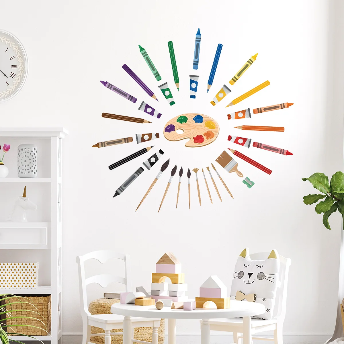 Colorful Art Supplies Crayon Wall Decal Watercolor Artistic Crayons Pigment Pens Color Palette Wall Sticker for Art Room Decor