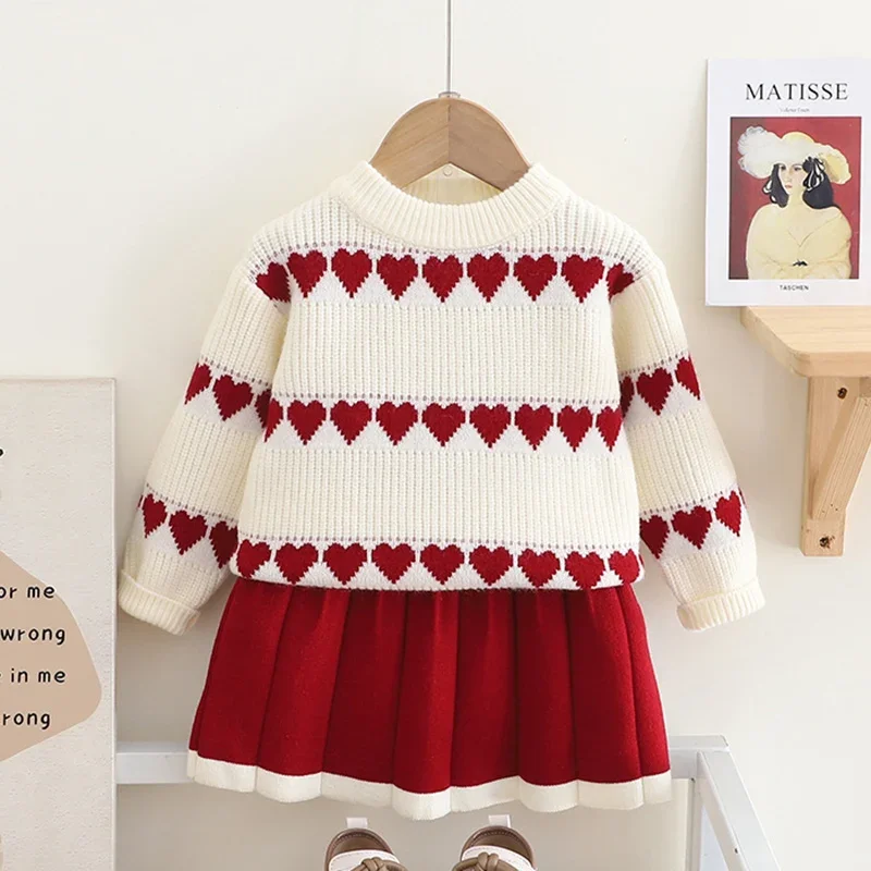 Zestaw ubranek dla dzieci na wiosnę 2026, dla dziewczynek w wieku 2-6 lat, dzianinowy komplet: sweter z długim rękawem + krótka spódniczka