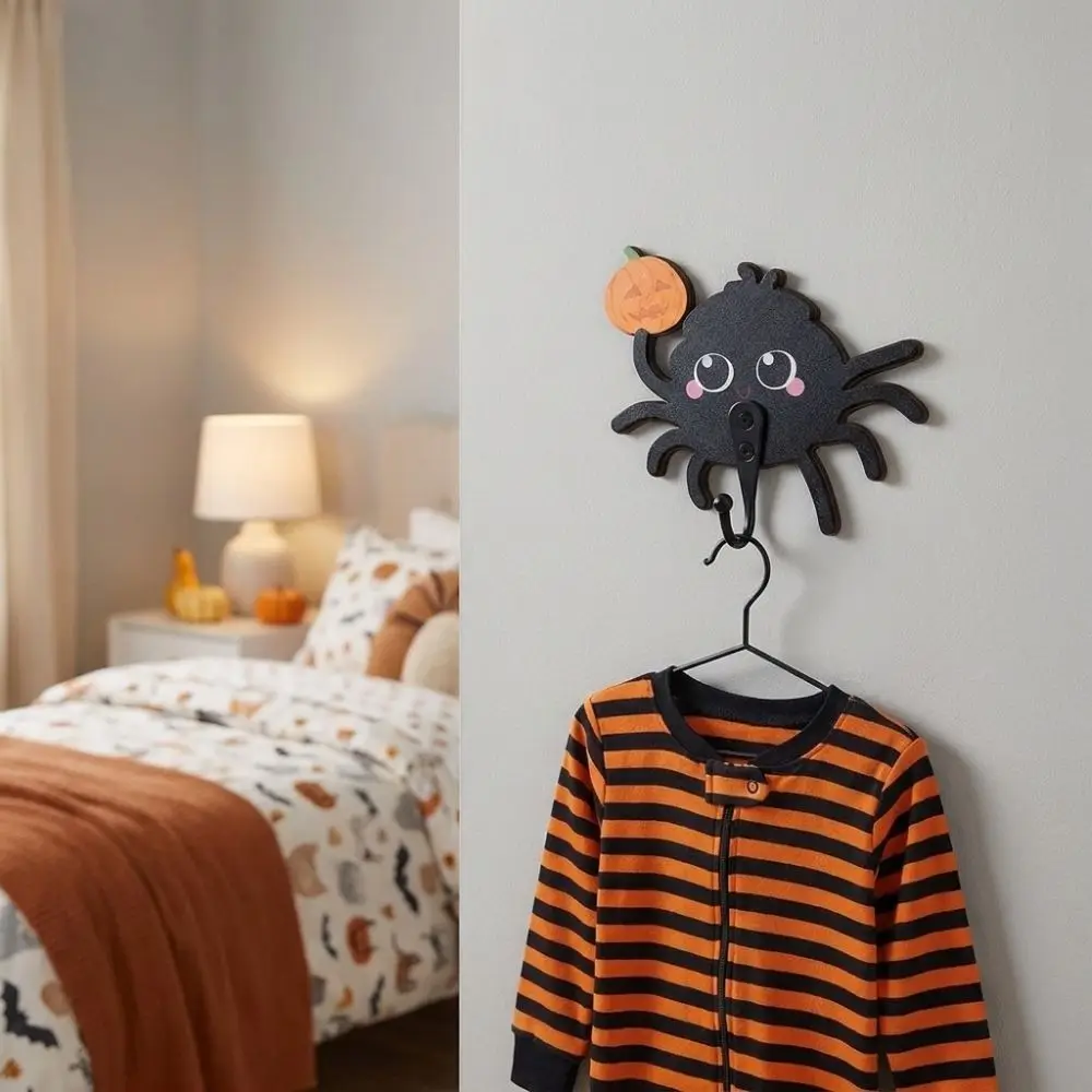 Wooden Halloween Cartoon Spider Hook Cute Gothic Style Keys Holder No-Drill Wall Mounted Spider Wall Hooks Halloween Decorations