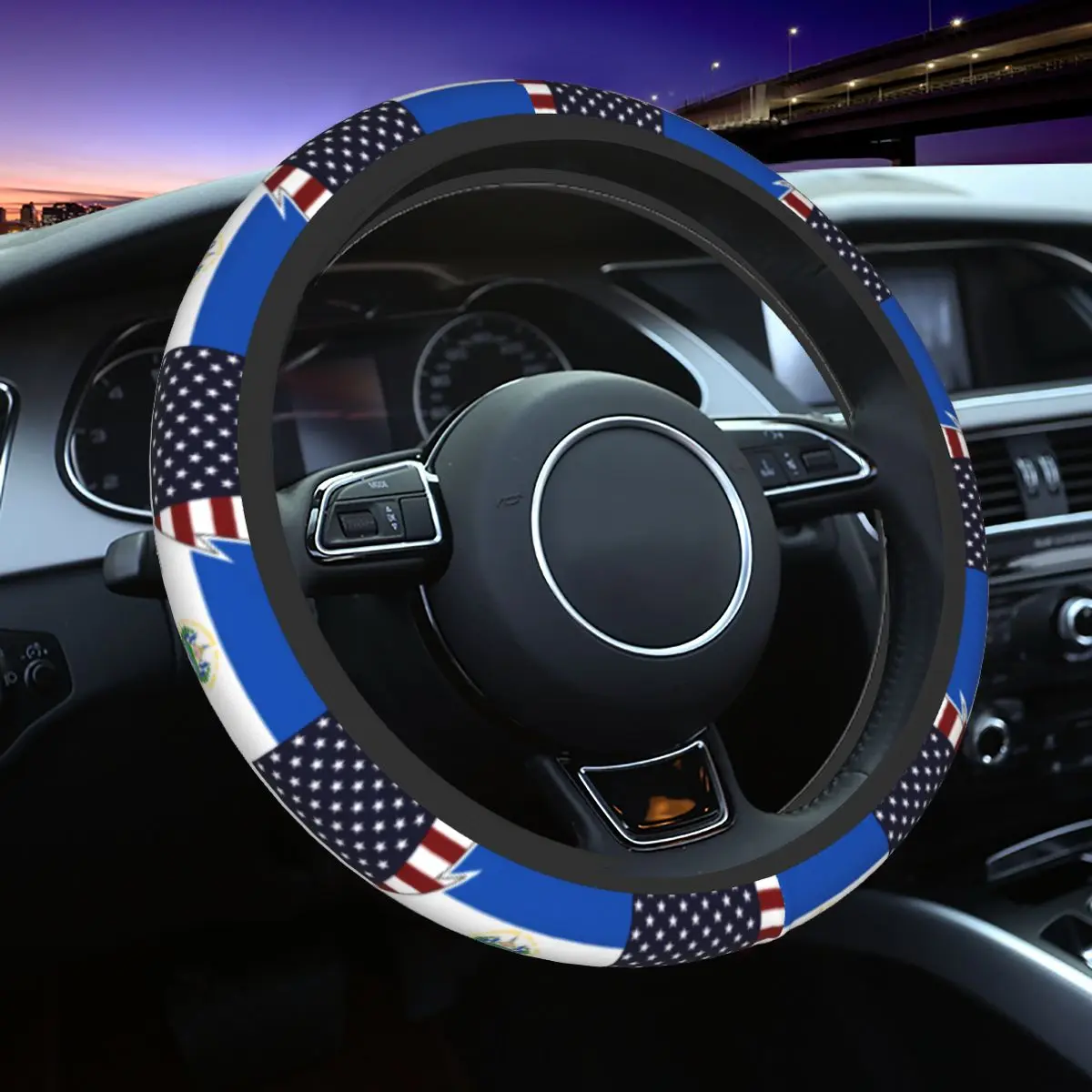 38cm Car Steering Wheel Cover Torn Style Us And El Salvador Flags Steering Wheel Protective Cover Non-slip Car Accessories