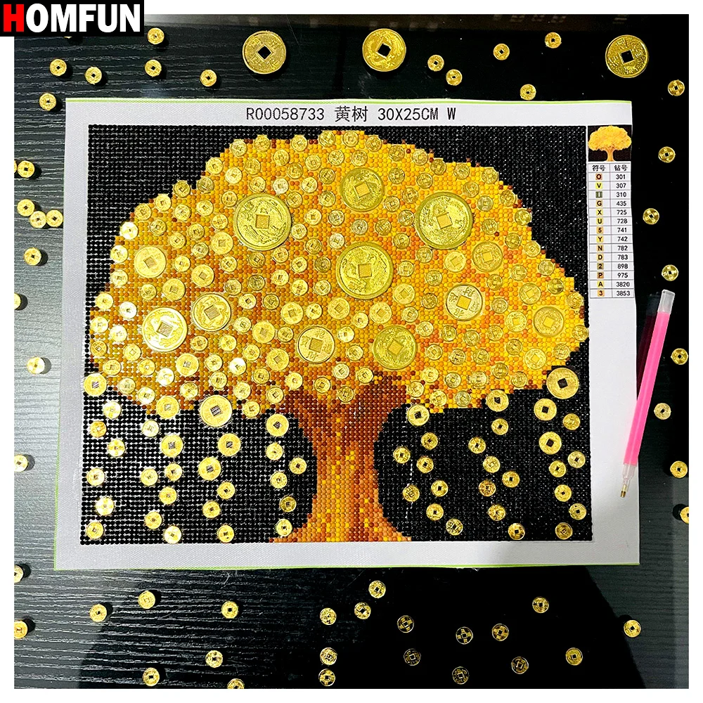 HOMFUN 5D Diy Diamond Painting Mosaic Golden Money Tree Special Shape Rhinestone Cross Stitch Embroidery Good Symbolism Decor