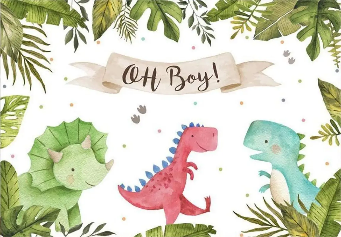 Oh Boy Dinosaur Theme Baby Shower Photography Backdrop Jungle Background Wild Green Palm Leaves Newborn Party Decorations Banner