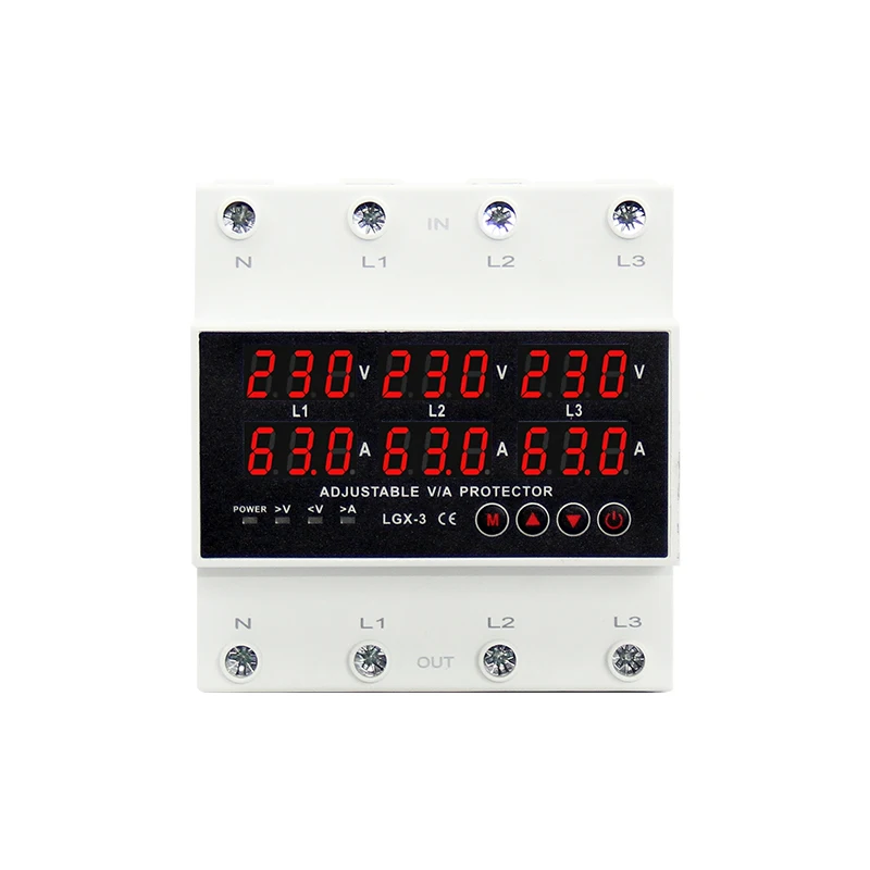 3P+N Din rail Voltmeter Ammeter adjustable Over and Under Voltage current limit protection Monitor  Six Digital Display