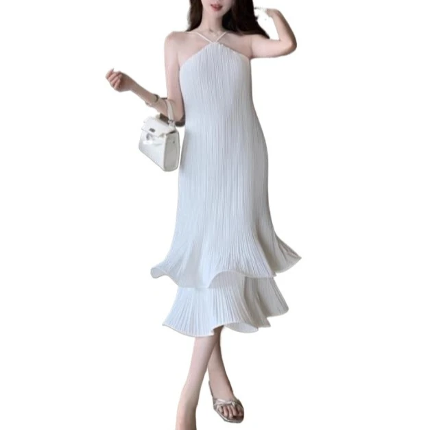 Sexy sem costas halter vestido de verão feminino solto flowy em camadas bolo vestido