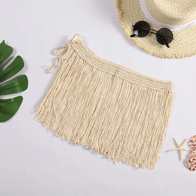 Womens Boho Beach Tassel Mini Skirt Music Festival Party Club Hip Scarf Belt Wrap Skirt Crochet-Cover Up Skirt Swimwear