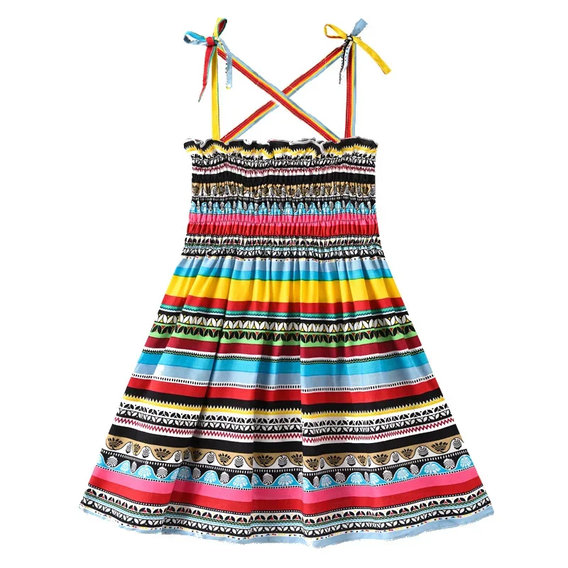 New 2025 Girls Summer Thin Strappy Dress Sweet Cartoon Floral Print Sleeveless Princess Beach Sundress Casual Vacation Dresses