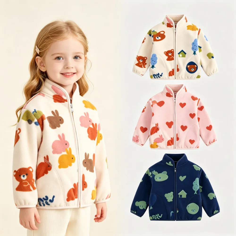 Toddler Warm Fleece Zip‑Up Jacket Multi Cartoon Pattern Stand Collar Kids Soft Cozy Outerwear For Boys Girls Autumn Winter