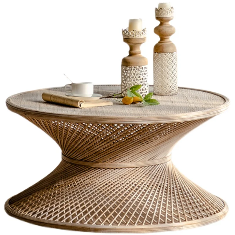Vintage Rattan Tatami Tea Table, Artistic Round Coffee Table, Sofa Side Table with Japanese Aesthetic for Living Room Use